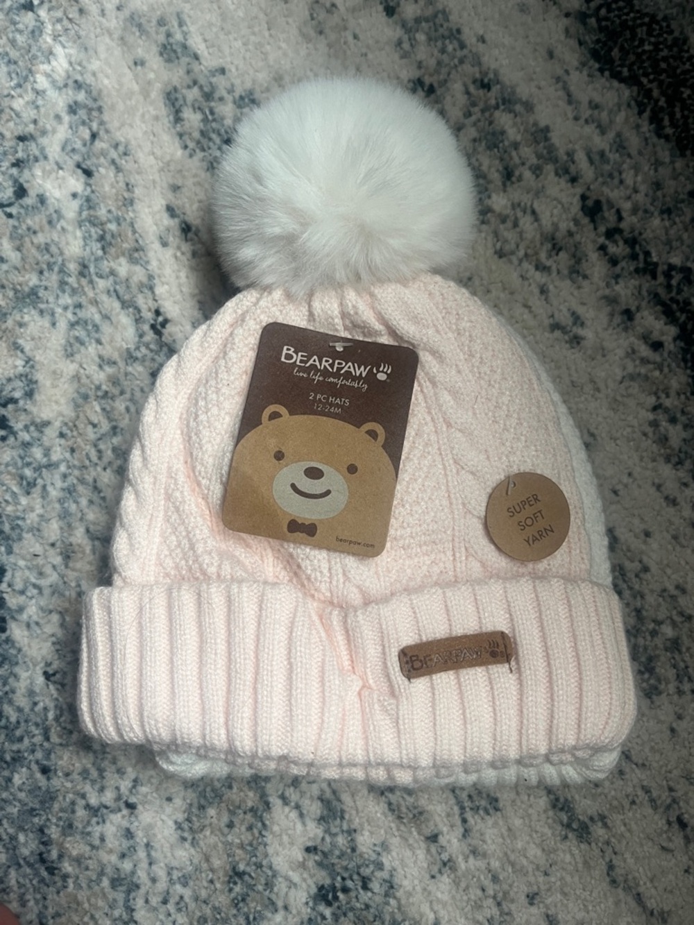 BearPaw Kids Light Pink Knit Pom Beanie with White Faux Fur Pom